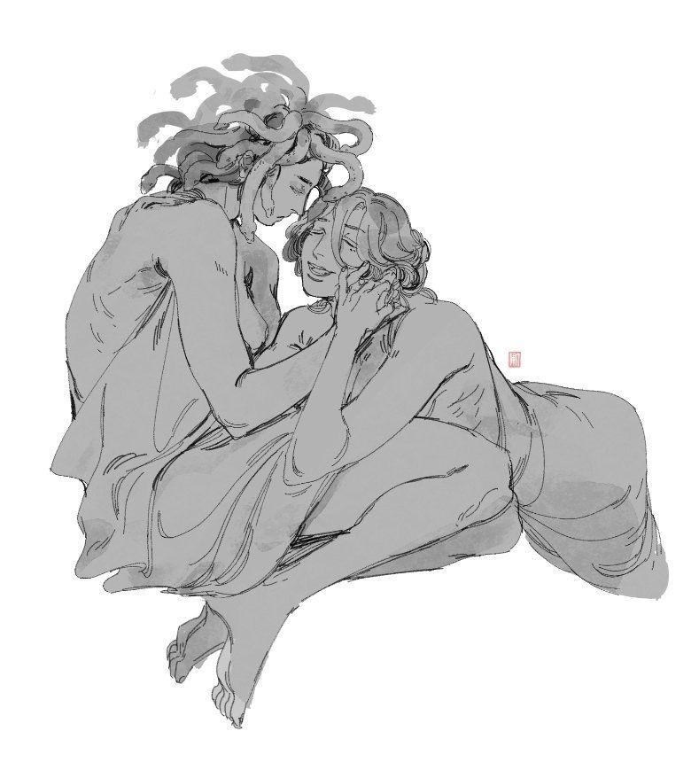 Ilustración de Daifei en el que se ve a Medusa con pose cariñosa con una chica. En blanco y negro.