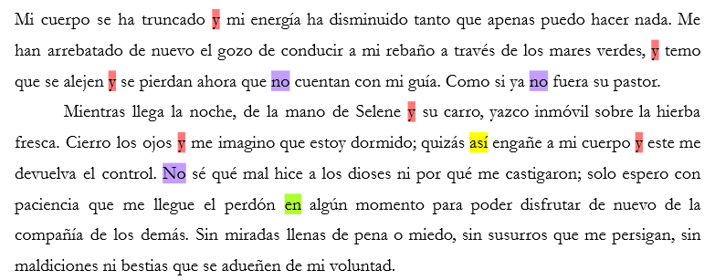 Texto con varias palabras subrayadas de colores.